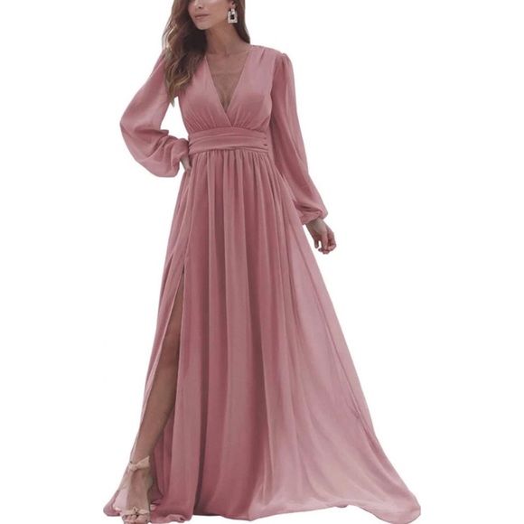 Dusty rose V- Neck Long Sleeve Bridesmaid Dresses with Slit Chiffon Ruched A L… - Picture 3 of 5
